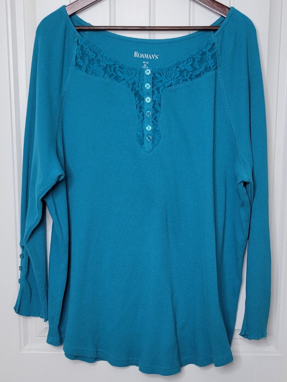 Roaman's Teal Lace-Trim Button Henley Long Sleeve Top